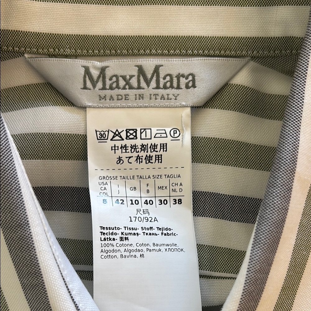 MaxMara Women’s Blue, Olive and White Striped Button-Up Shirt with French Cuffs. - Picture 5 of 7